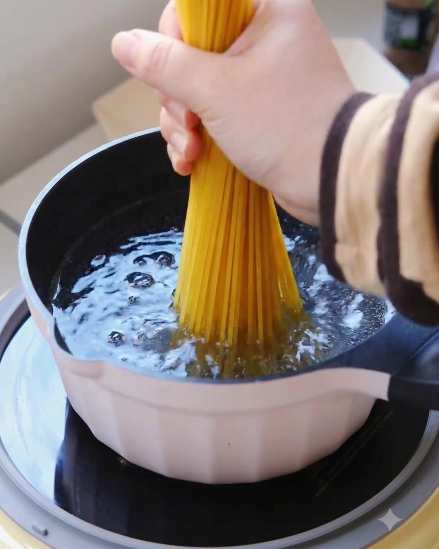 A bunch of dry spaghetti being submerged vertically into a pot of bubbling boiling water.