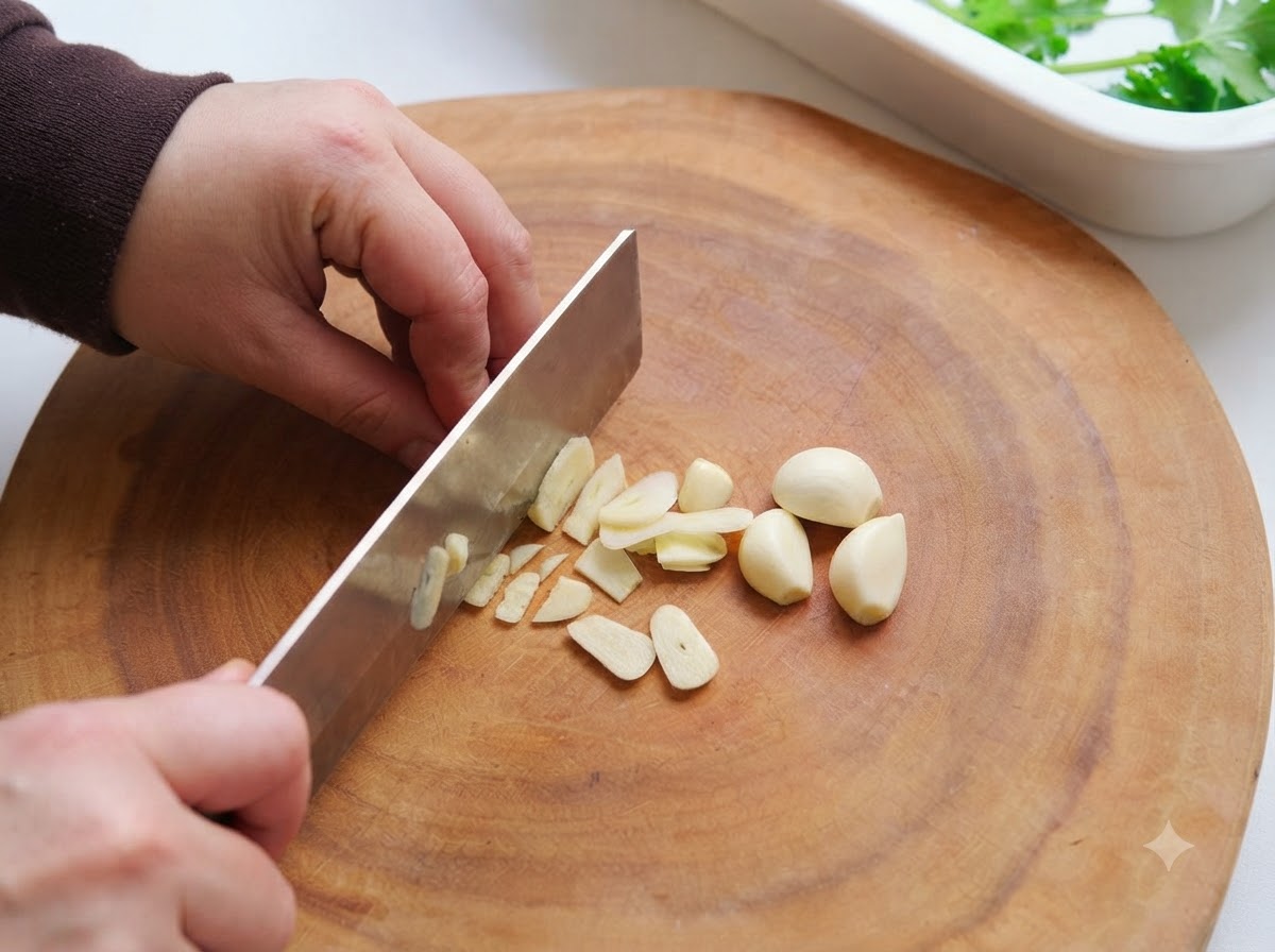 Garlic cloves being cut into thin slices with a kitchen knife on a wooden board.