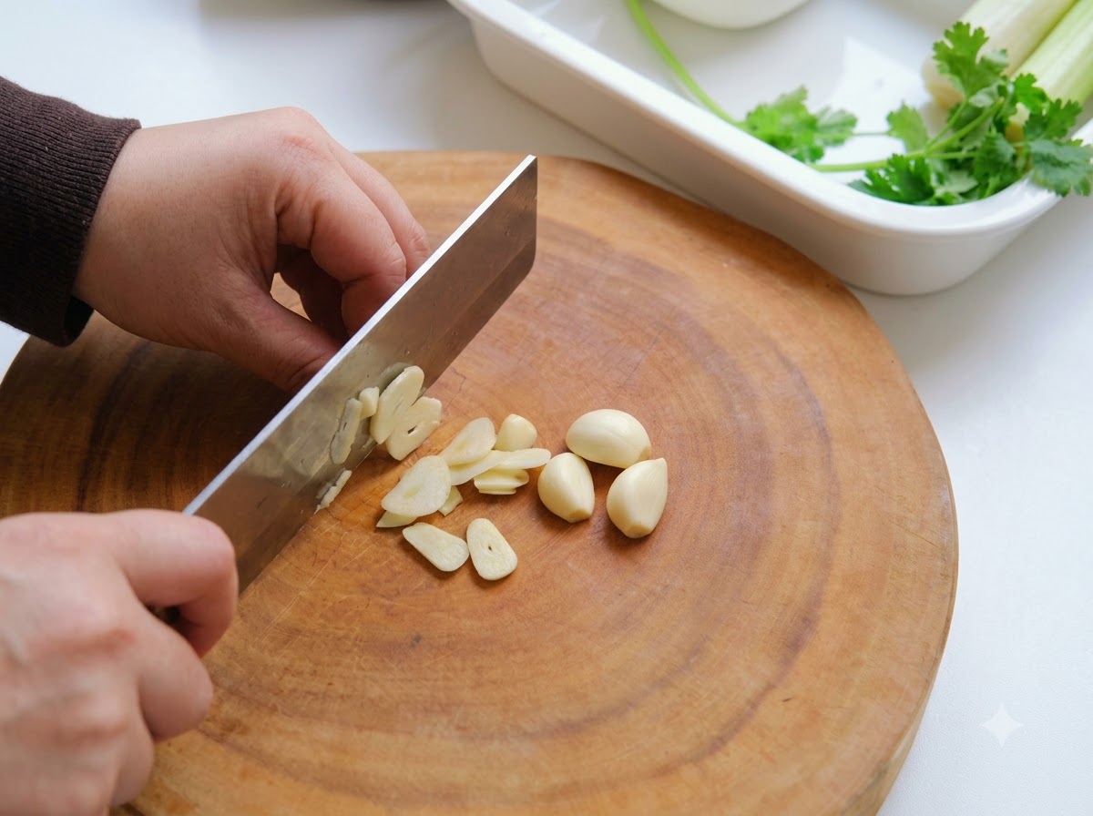 Dried red chili peppers being chopped on a wooden chopping board.