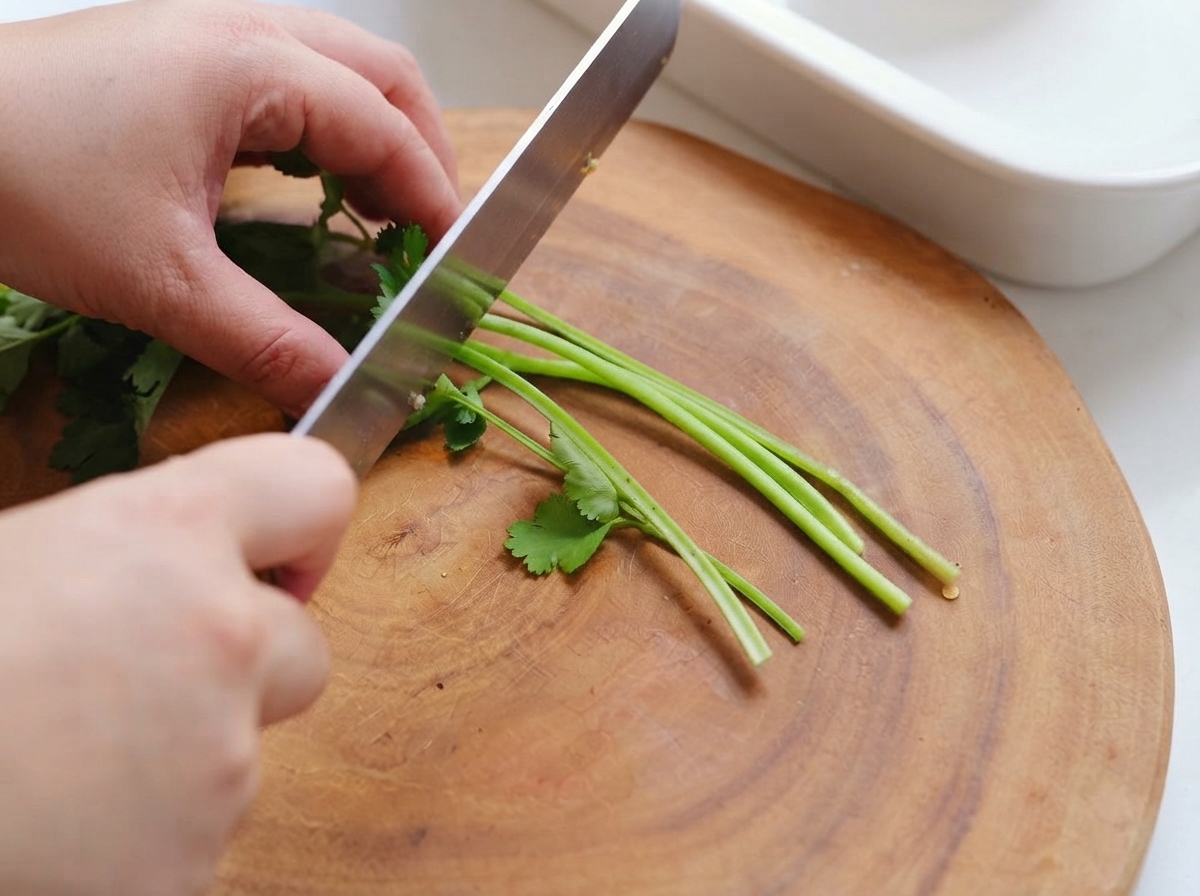 Fresh coriander stems being sliced with a knife on a wooden surface.
