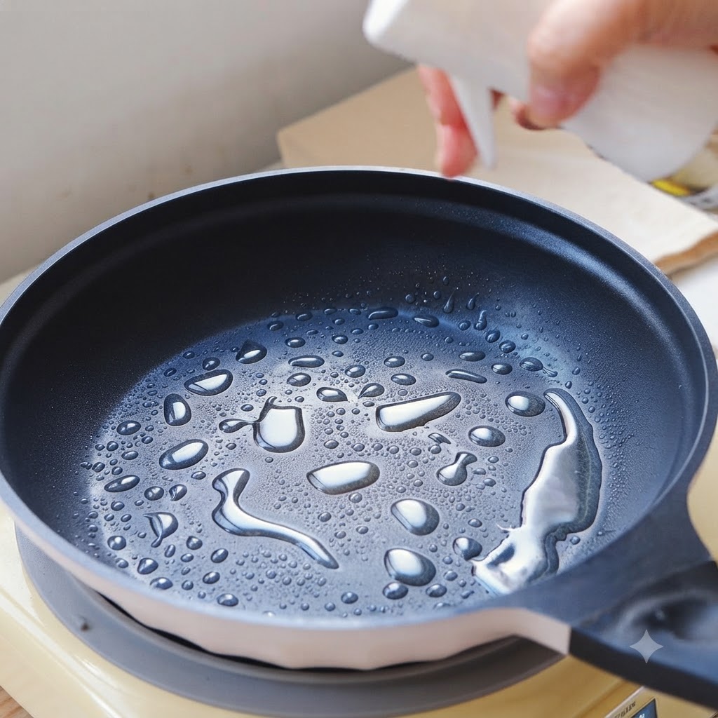 Cooking oil droplets spread across the surface of a black frying pan.
