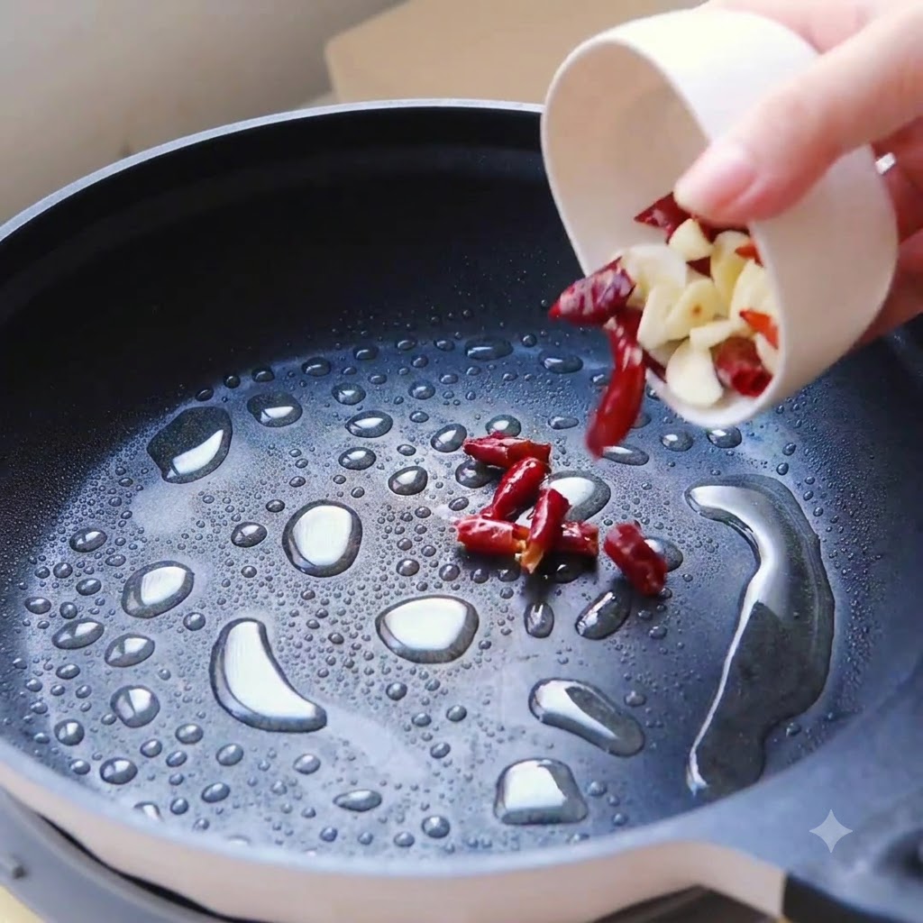 Sliced garlic and red chili peppers sizzling in hot oil inside a frying pan.
