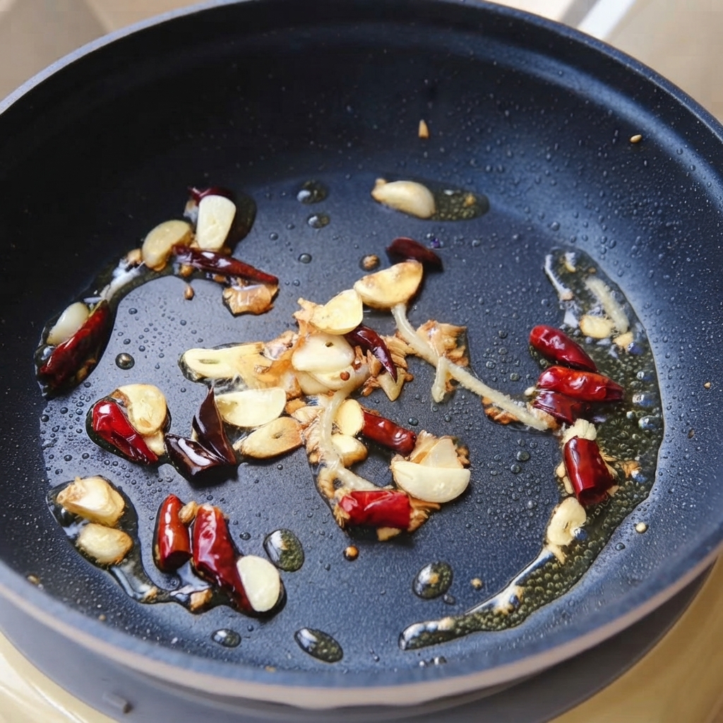 Cooked spaghetti strands placed into a skillet with sauteed garlic and dried chili peppers.