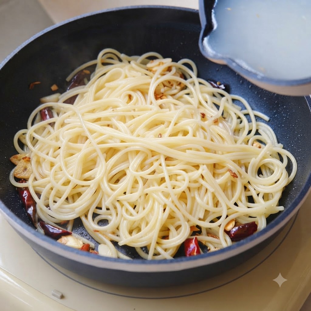 Pasta boiling water being poured from a small pot into the pan with cooked spaghetti.