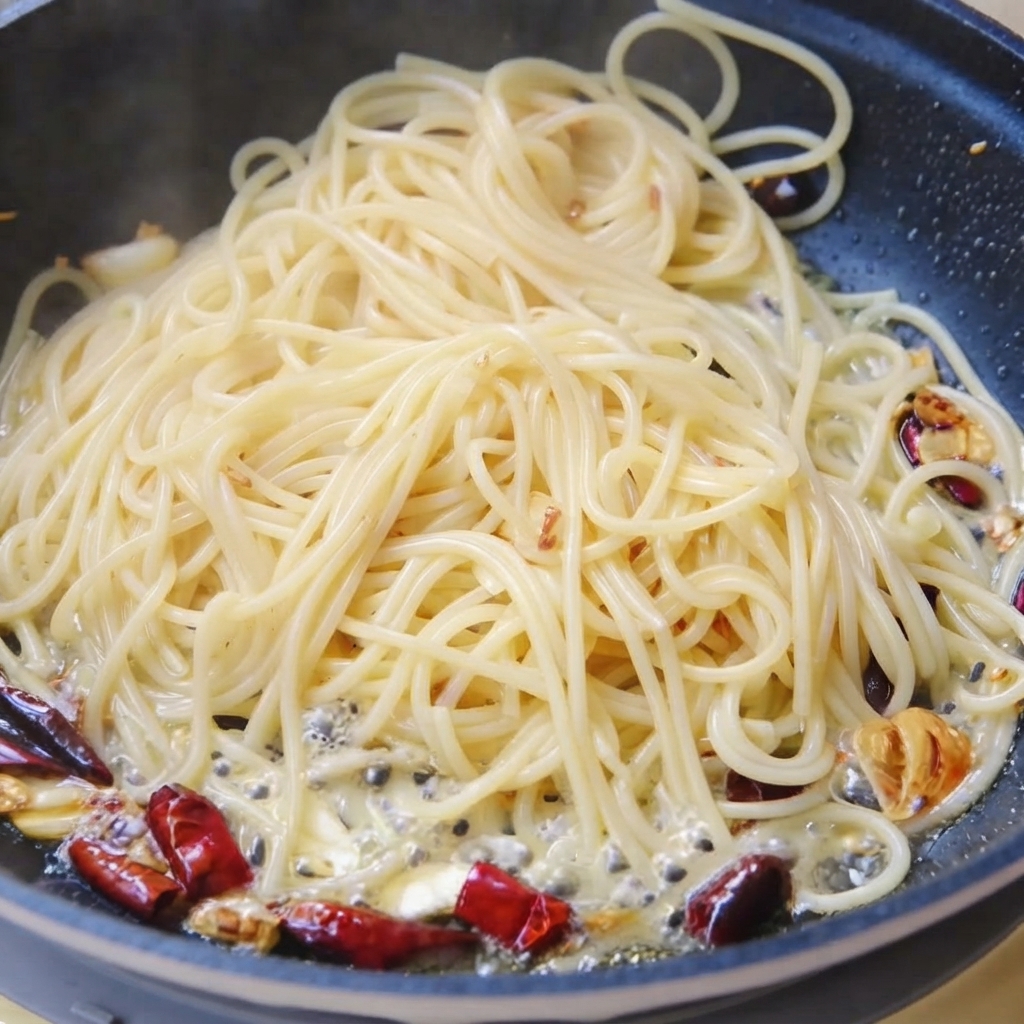 Spaghetti being tossed with coriander stems and boiling water in a frying pan.