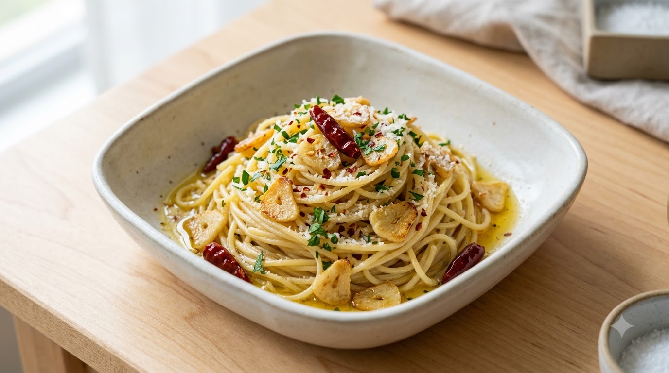 Spicy Garlic Oil Pasta with Coriander (Aglio e Olio Style)