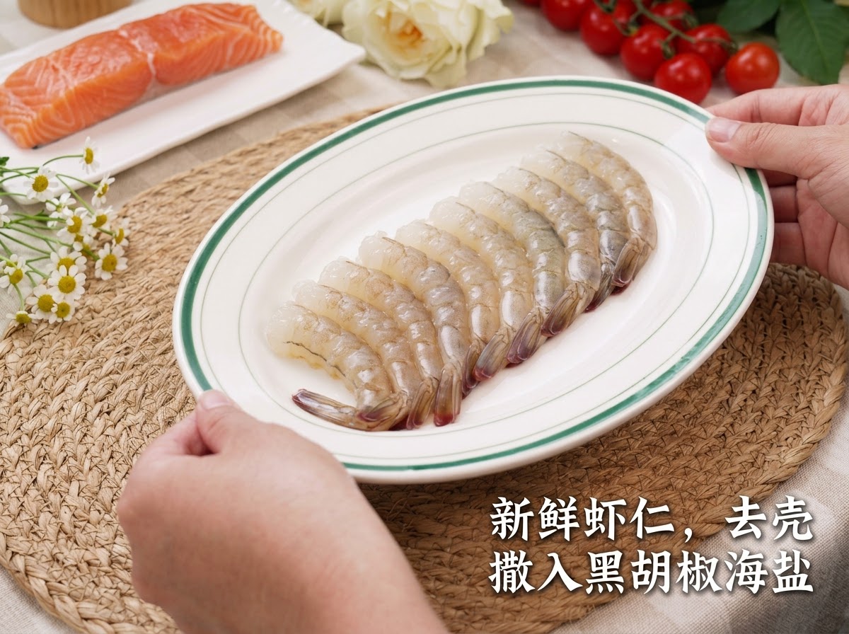 Fresh peeled shrimp arranged on a white serving plate sprinkled with black pepper and sea salt.