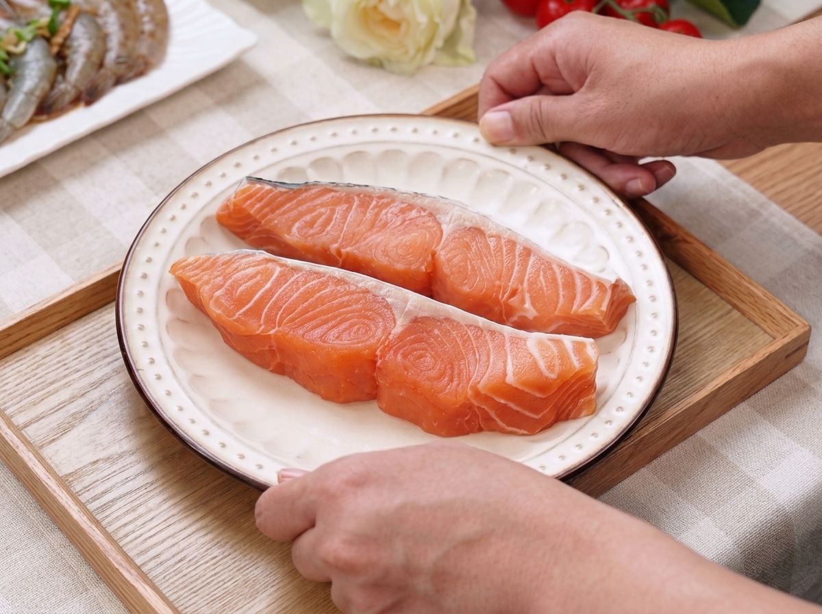 Two fresh salmon fillets lying on a white plate being seasoned with salt and pepper.