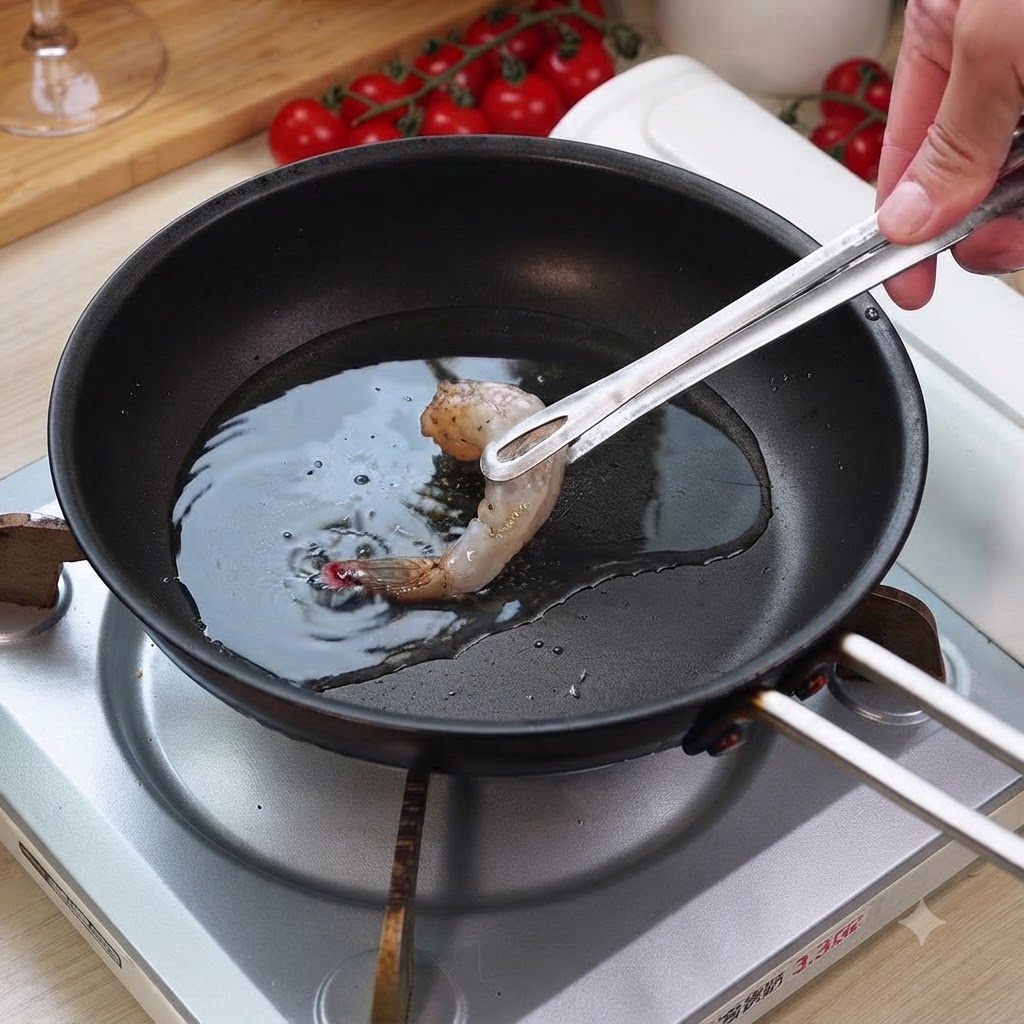 A seasoned shrimp being placed into a hot frying pan with oil using kitchen tongs.