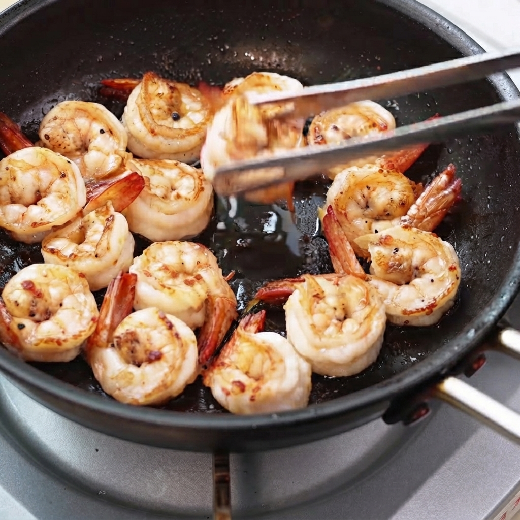 Shrimp heads being pressed and sautéed in a hot frying pan, releasing orange oil.