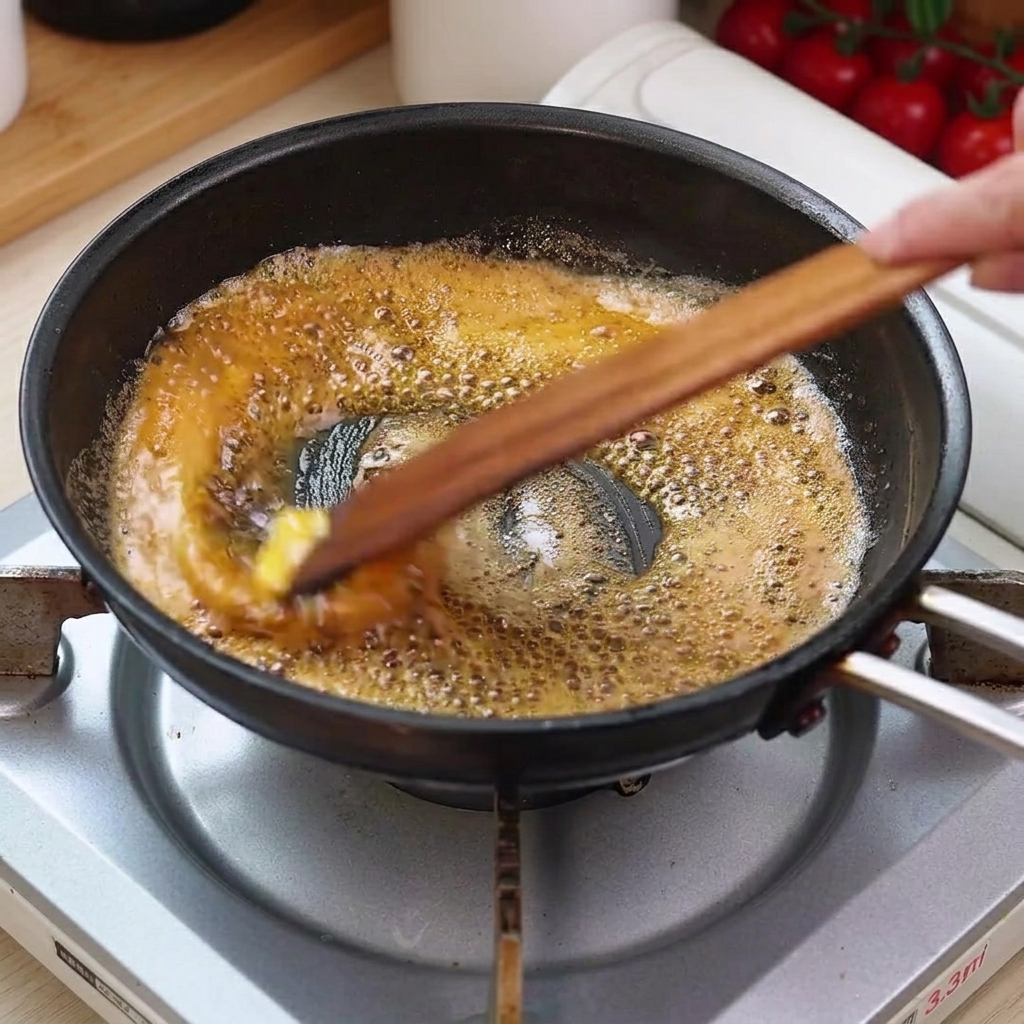 Butter and minced garlic melting and frying in a pan with seasoned oil, stirred with a wooden spatula.