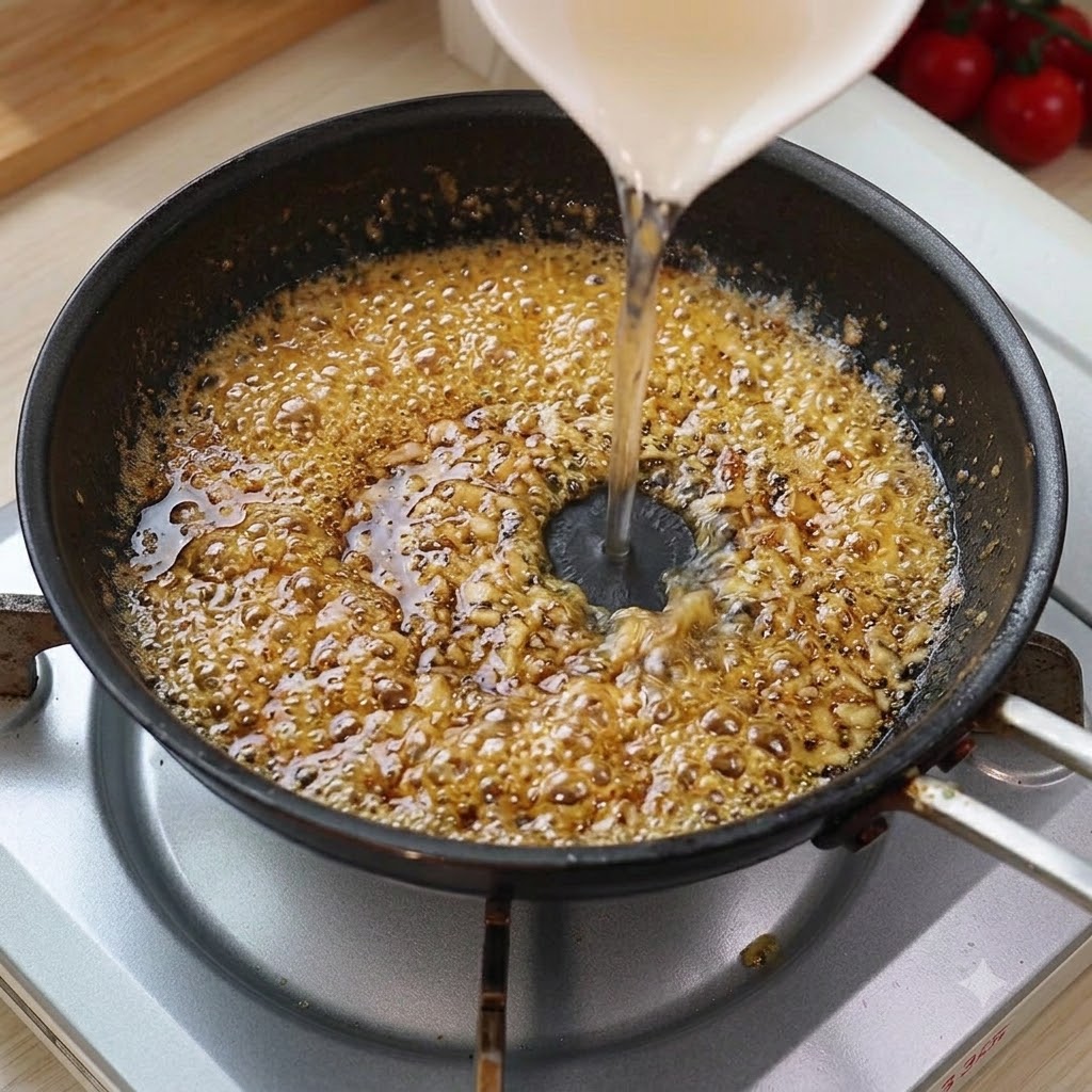 White wine being poured from a small pitcher into a bubbling pan of butter and garlic.