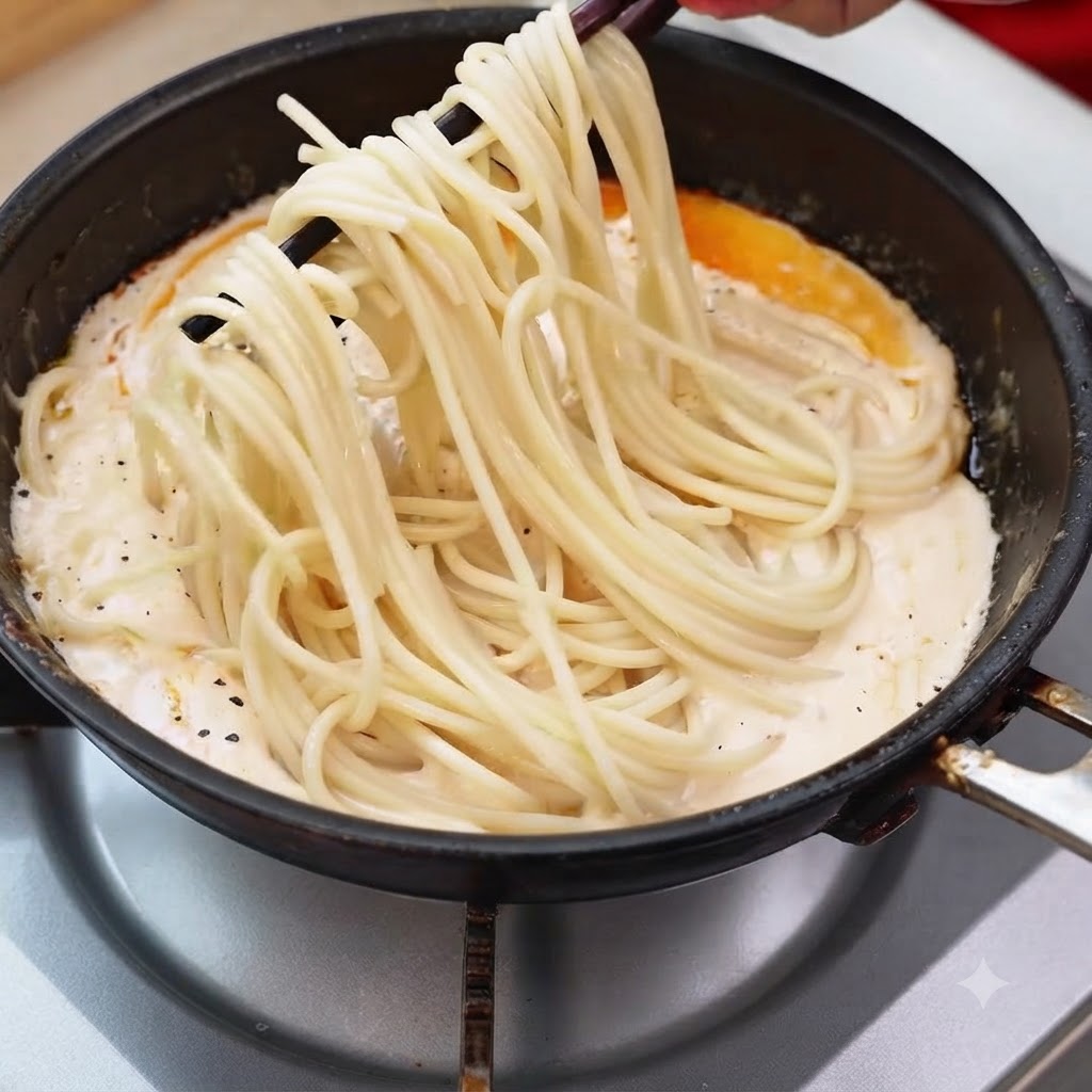 Cooked spaghetti strands being lifted with chopsticks inside a creamy pan sauce with shrimp.