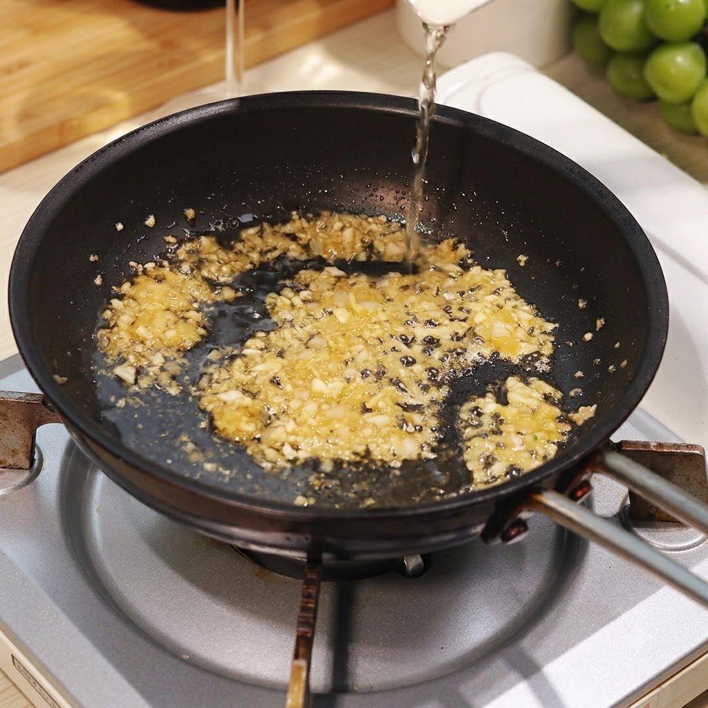 White wine being poured from a small pitcher into a pan containing sautéed garlic and onions.