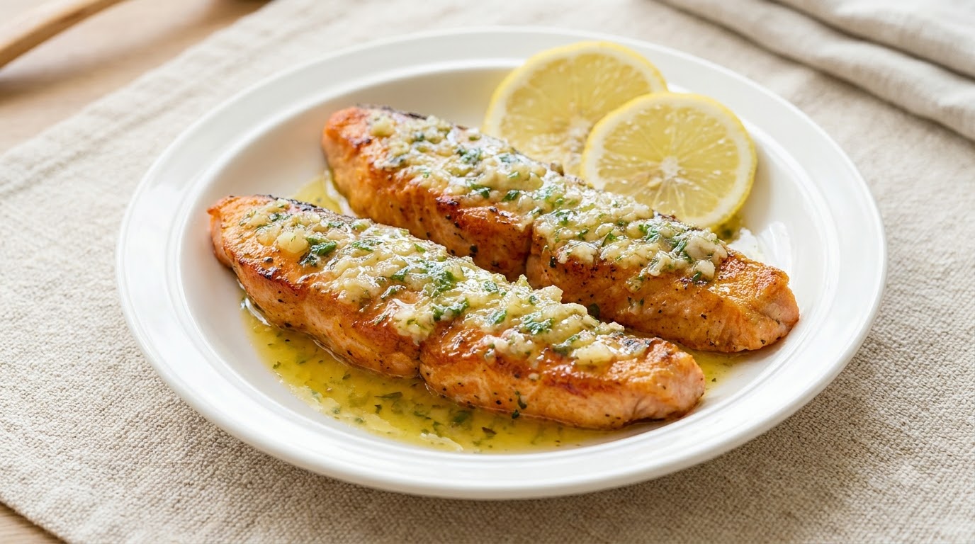 Pan-fried Lemon Salmon with Garlic Shrimp Pasta