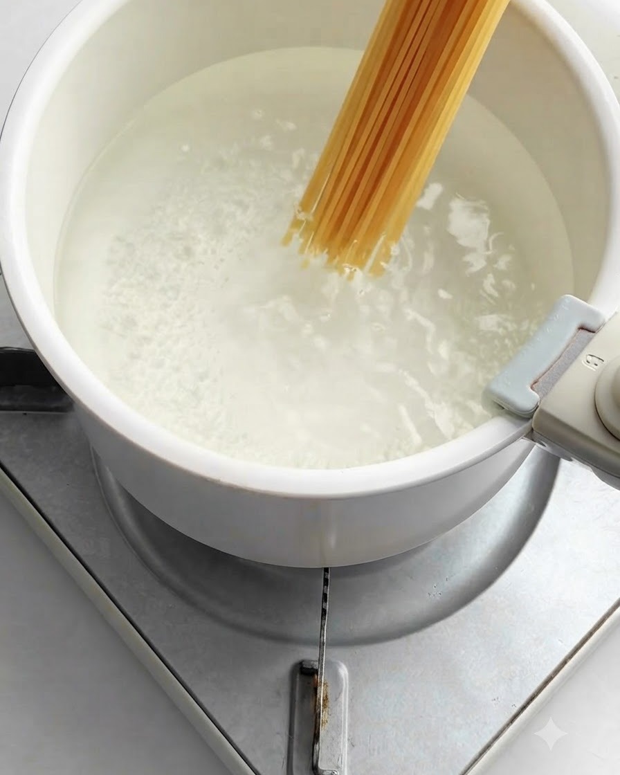 A bundle of long spaghetti noodles being lowered into a white pot filled with bubbling boiling water on a stove.