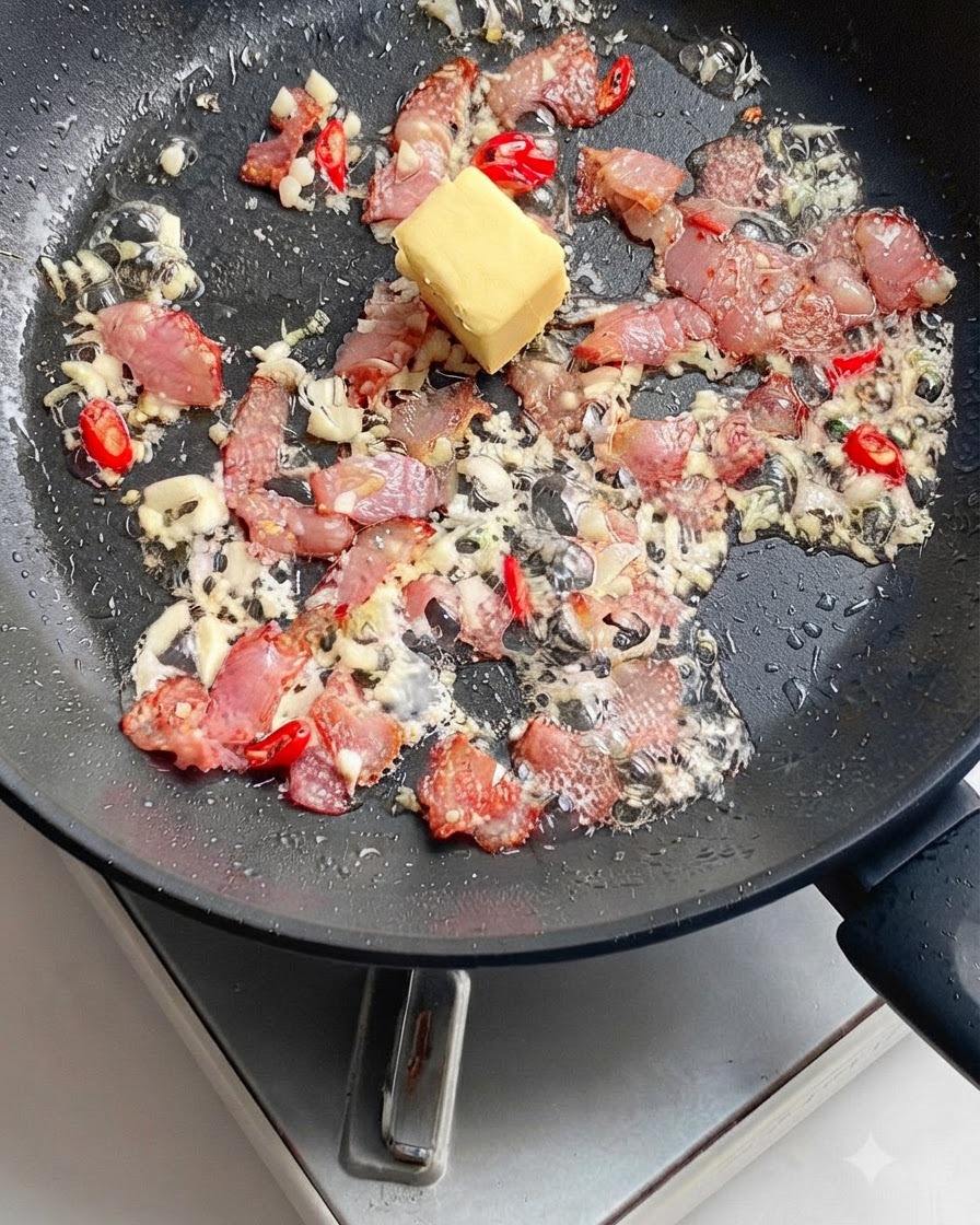 A solid cube of yellow butter melting among the bacon, garlic, and chili in the pan.