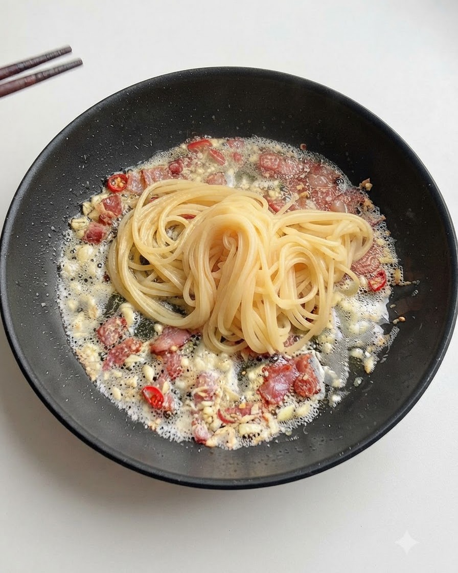A small amount of starchy pasta water being poured into the pan with bacon and garlic.