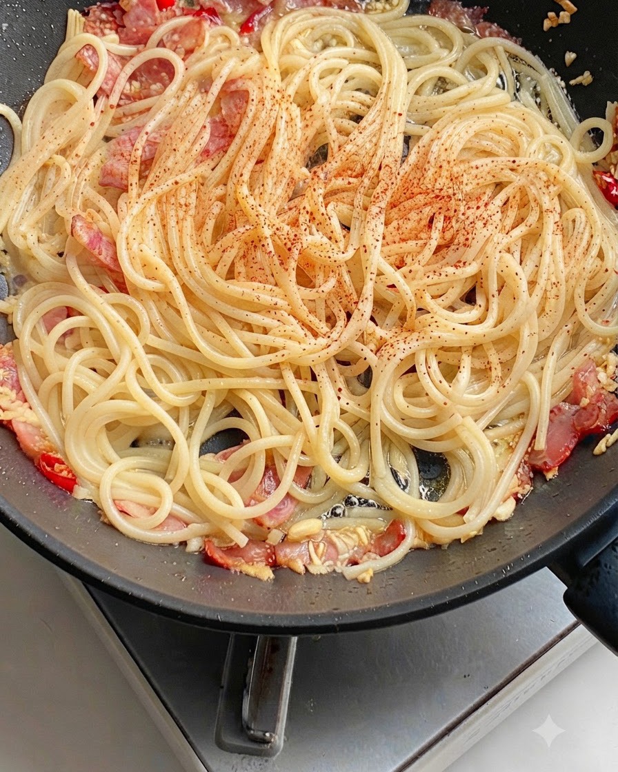 A drizzle of dark oyster sauce poured over the pasta noodles in the pan.