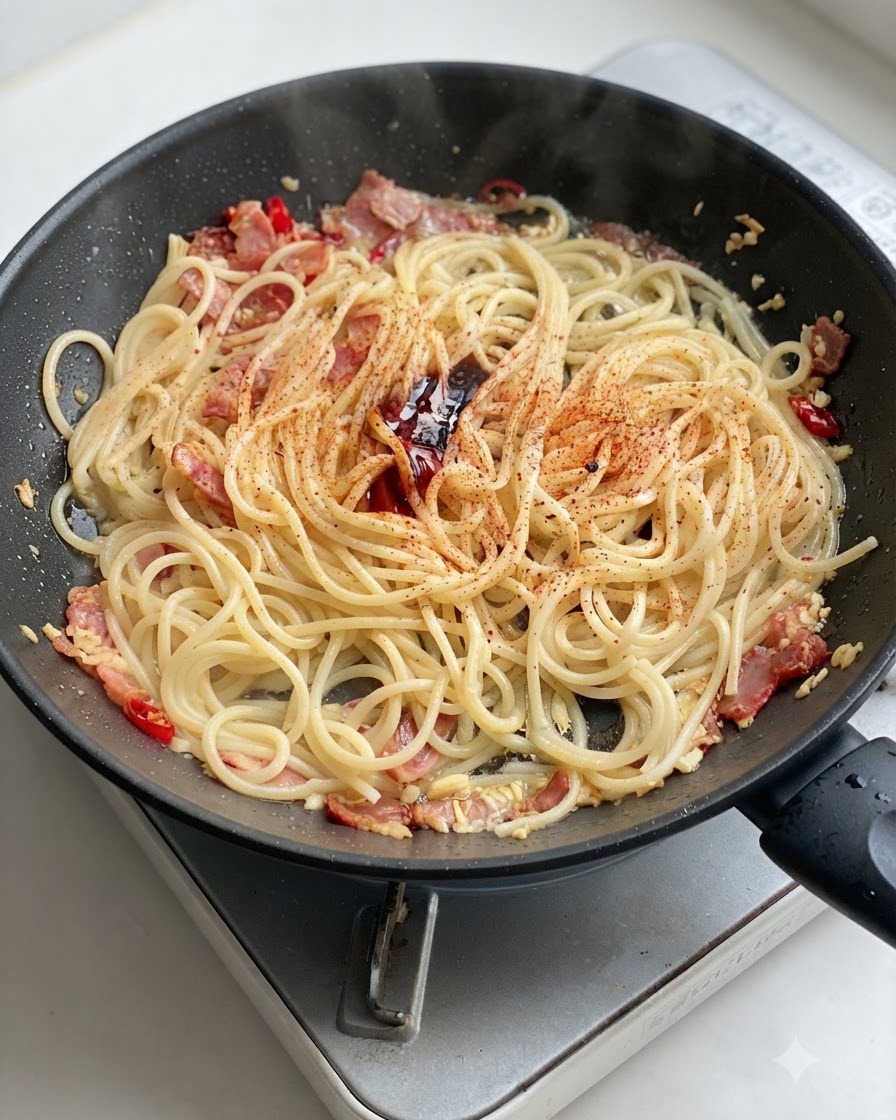 Fresh black pepper being ground over the seasoned spaghetti in the pan.