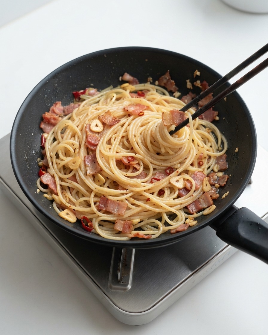 Spaghetti noodles being tossed with chopsticks in a pan with bacon and garlic sauce.