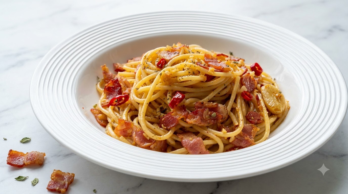 Garlic Butter Bacon Pasta with Chili and Oyster Sauce