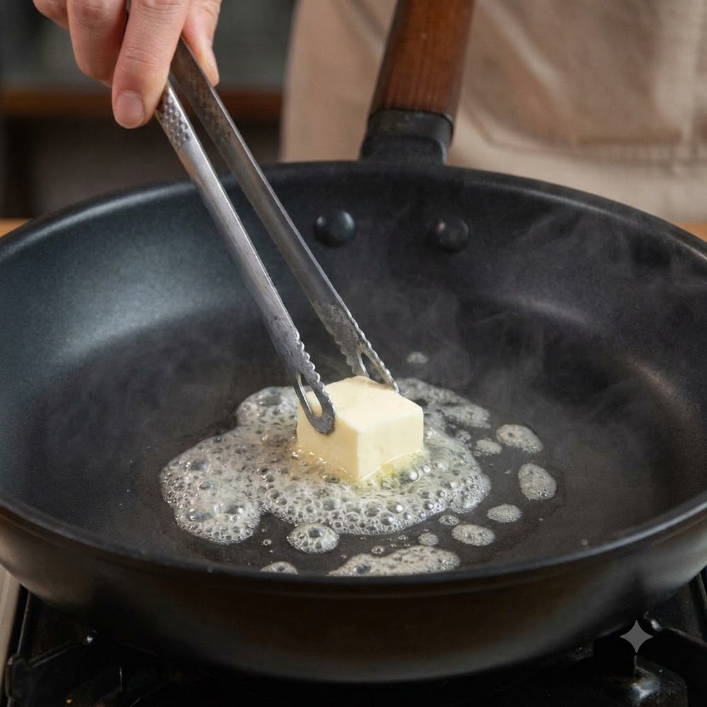 A cube of butter melting in a black frying pan with garlic, ginger, and chili peppers sizzling.