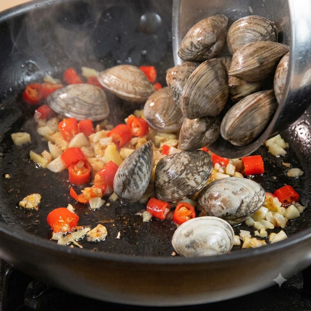 Clams being poured from a metal container into a pan with sautéed garlic and red chilies.