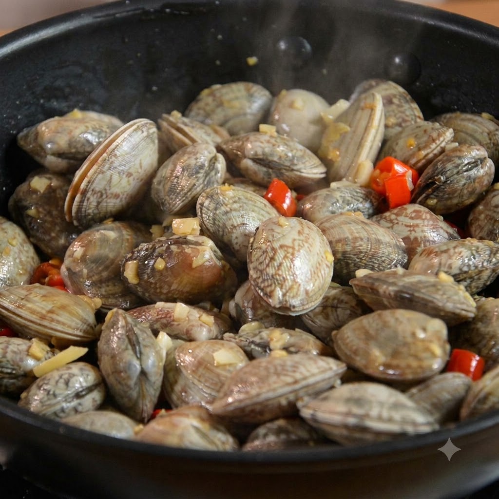 Clams mixed with garlic and chili inside a black pan.