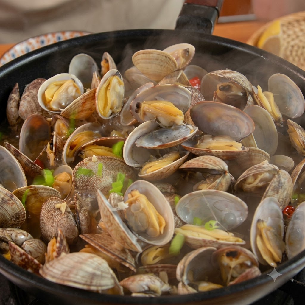 Cooked open clams in a skillet garnished with freshly chopped green onions.
