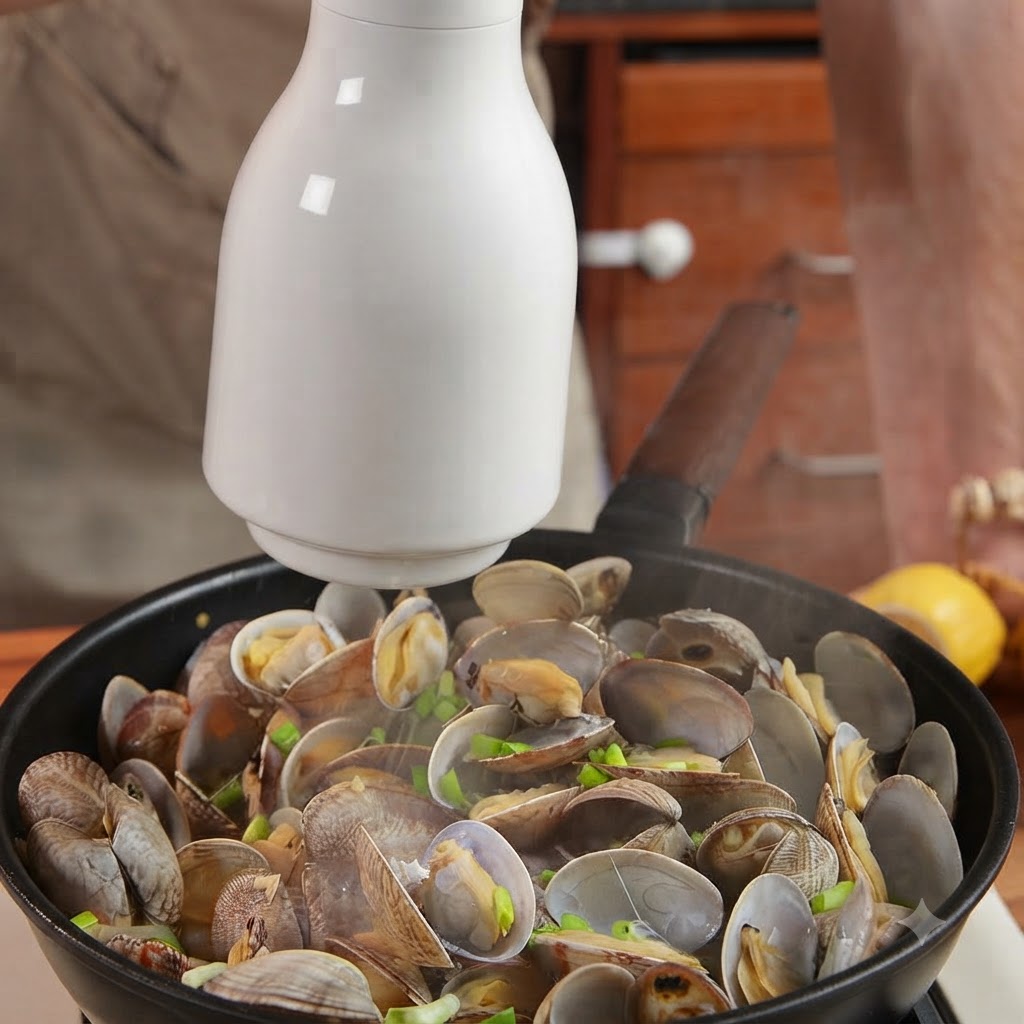 An electric pepper grinder seasoning a pan of cooked clams with freshly cracked black pepper.