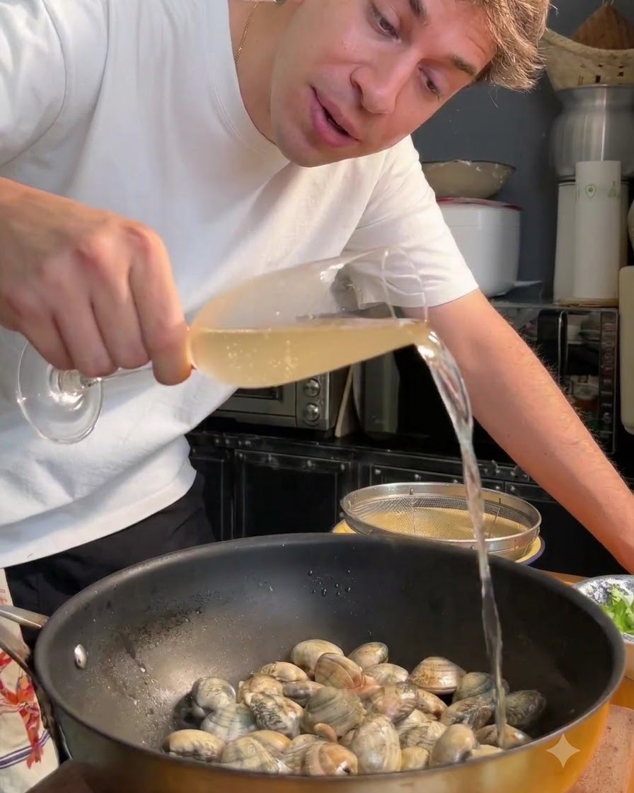 White wine being poured from a glass into a pan of clams.