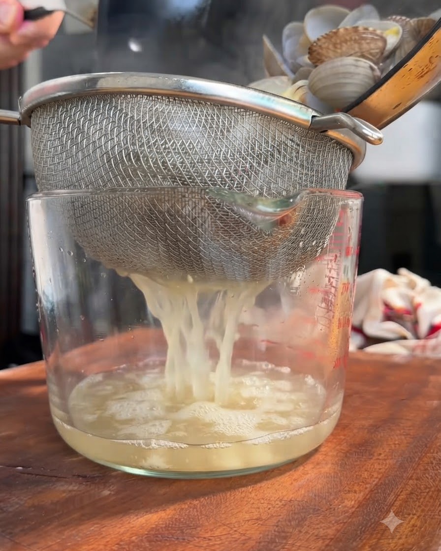 Clam liquid being strained through a metal sieve into a measuring cup.