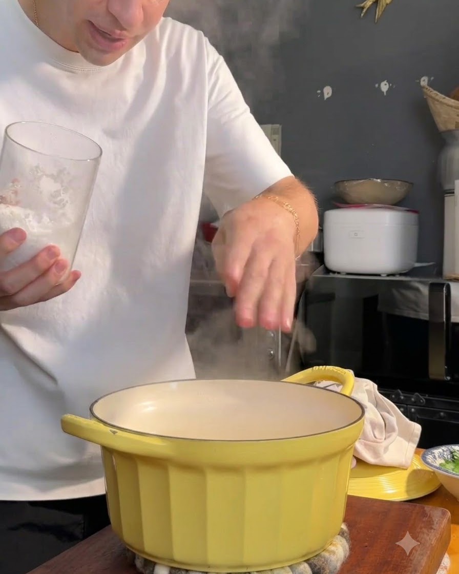 A person adding salt into a yellow pot of boiling water next to pasta.