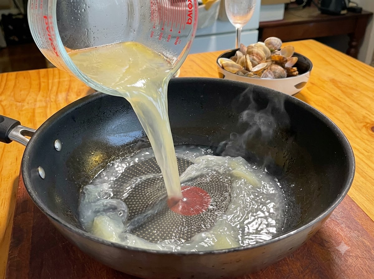 Clear clam broth being poured from a glass measuring cup into a black frying pan.