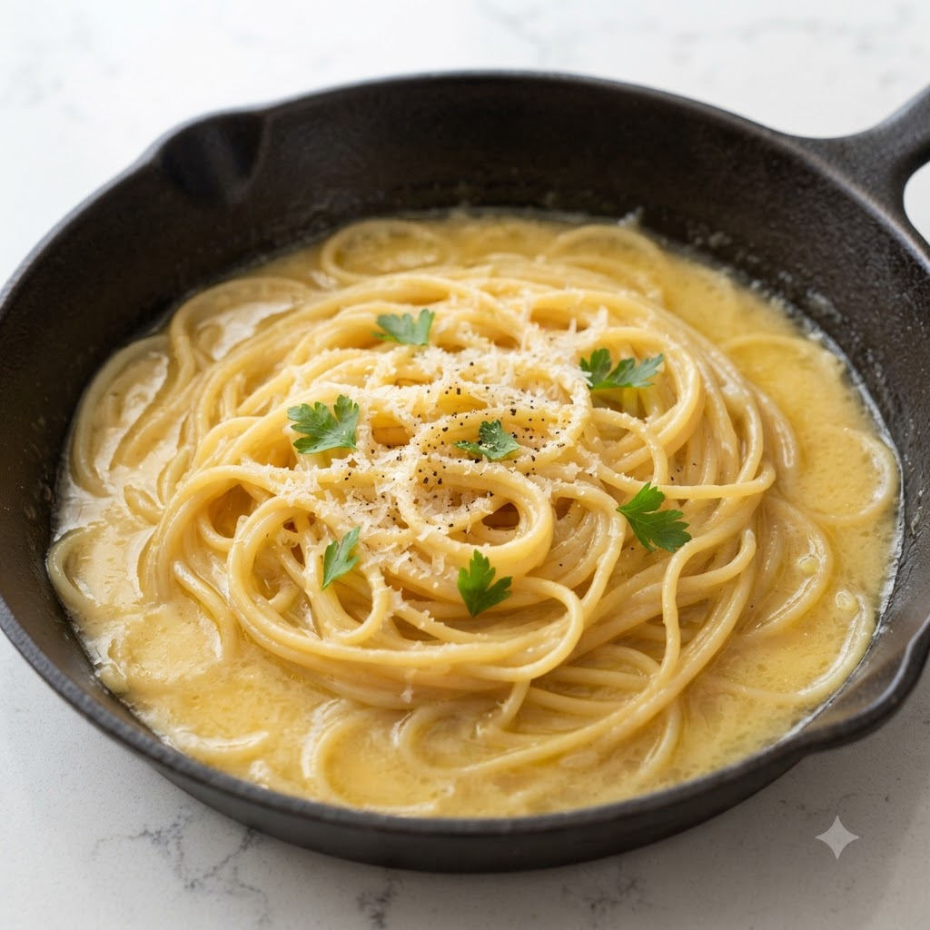 Spaghetti simmering in a cast-iron skillet, coated in a glossy golden clam broth emulsion and garnished with parsley.