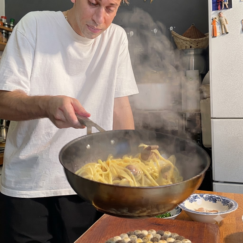 A cook holding the handle of a frying pan while tossing spaghetti and clams amidst rising steam in a kitchen.