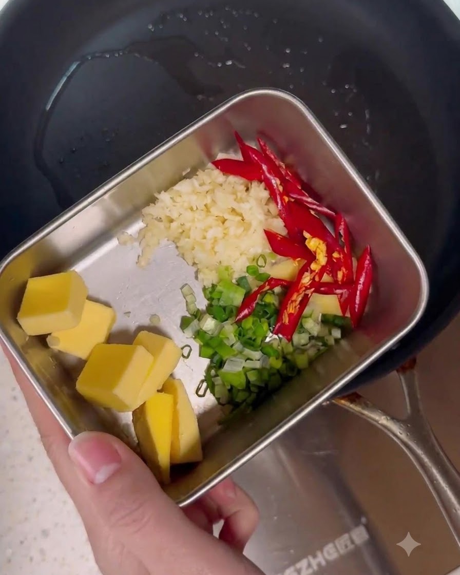 A metal container holding chopped scallions, minced garlic, ginger, sliced red chilies, and cubes of butter.