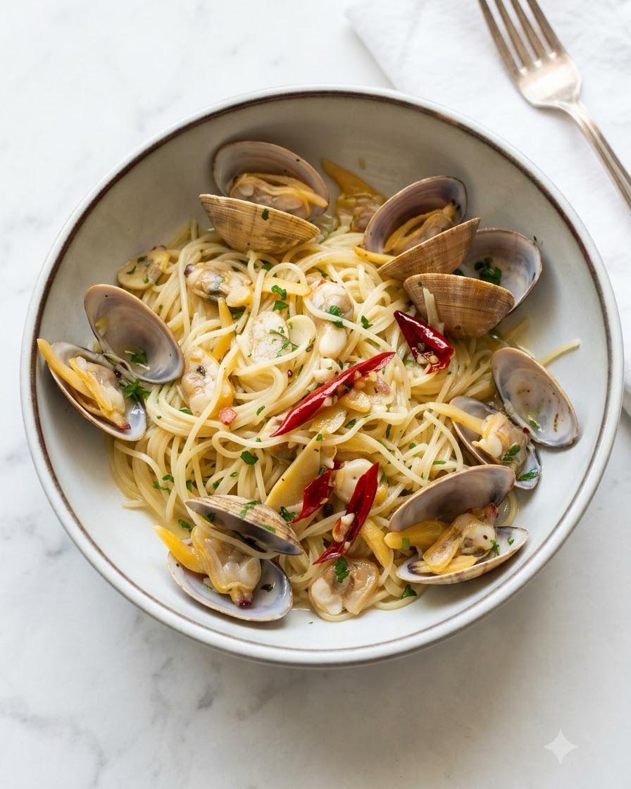 Dried parsley flakes being shaken from a spice bottle over a bowl of cooked clams and pasta.