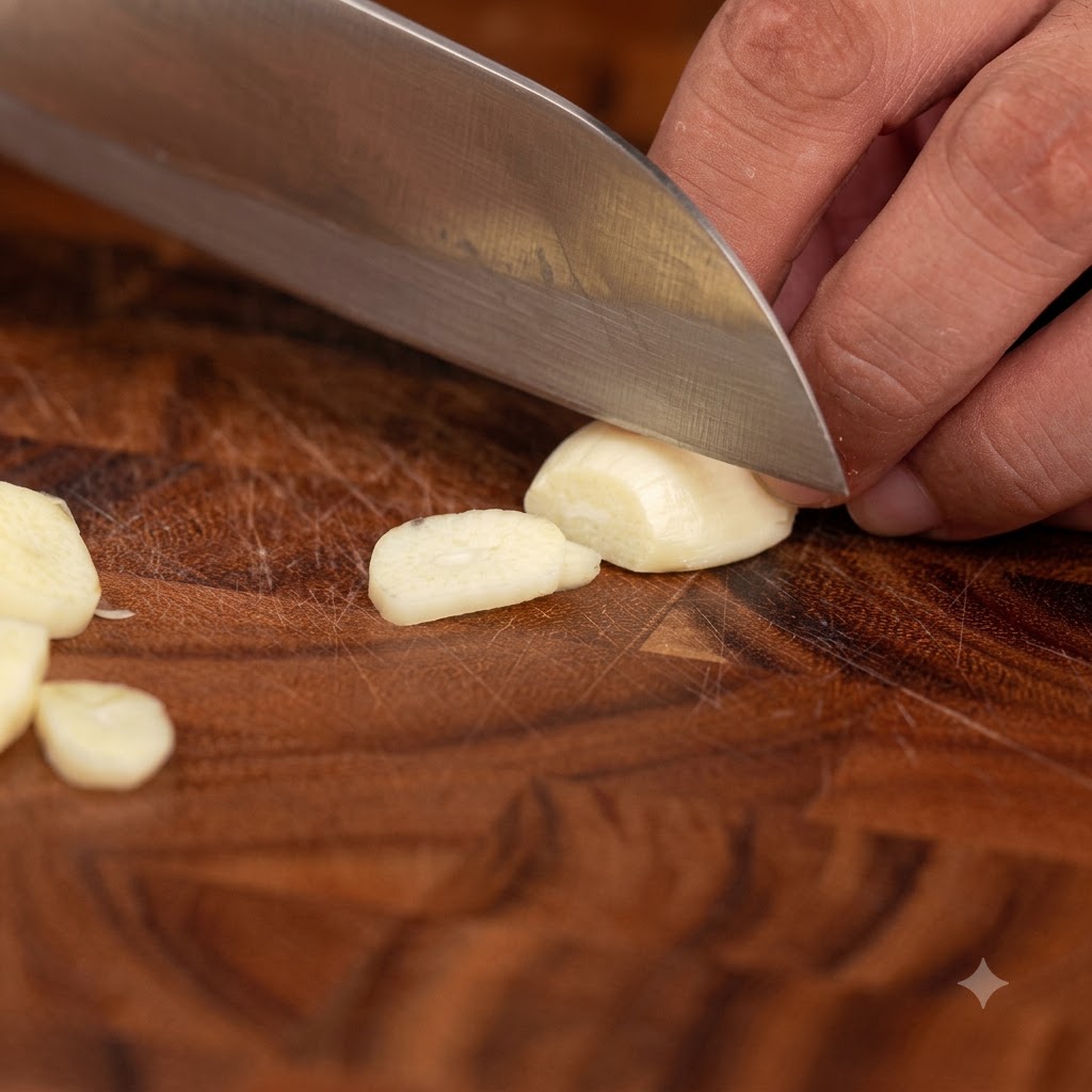 Garlic cloves being sliced uniformly on a wooden cutting board with a sharp chefs knife.