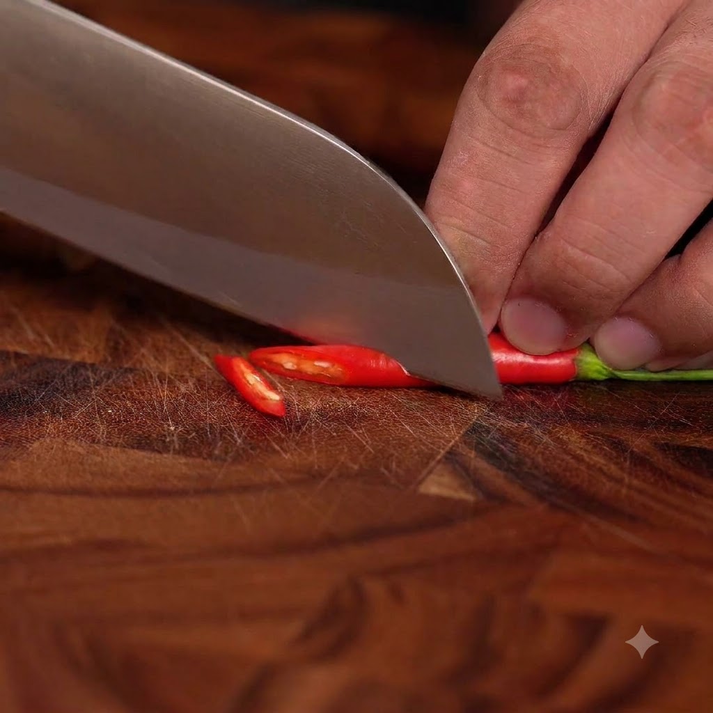 A red chili pepper being sliced into small round rings on a wooden cutting board.