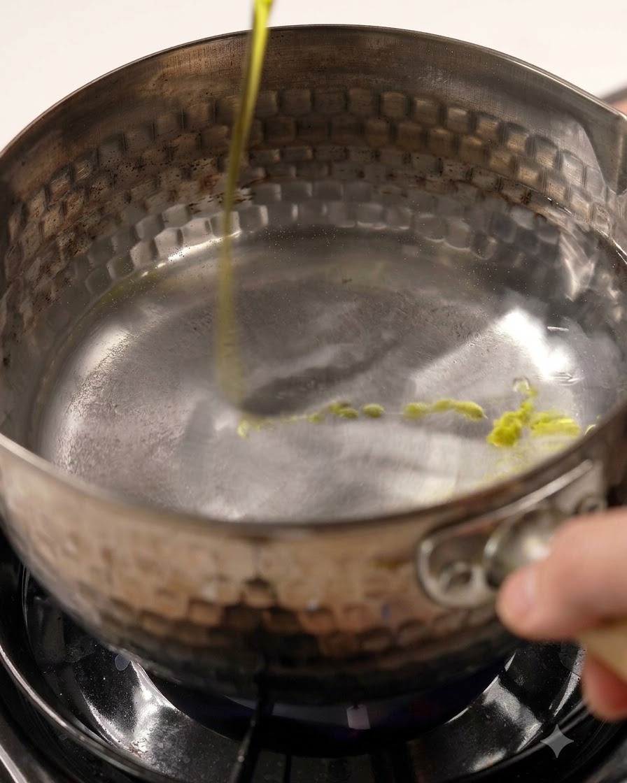 Olive oil being poured from above into a pot filled with bubbling boiling water.