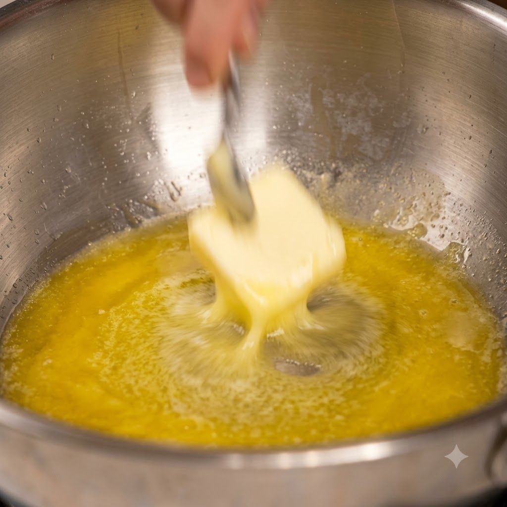 Sliced garlic being tossed and sautéed in melted butter inside a pan using cooking tongs.