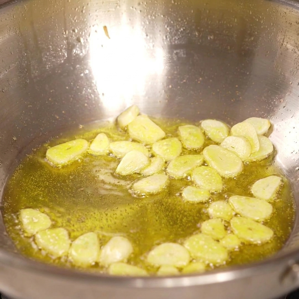 Red chili pepper rings mixed with golden garlic slices frying in oil in a stainless steel pan.