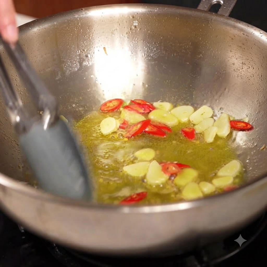 Fresh clams being arranged one by one into a pan containing garlic and chili oil using tongs.