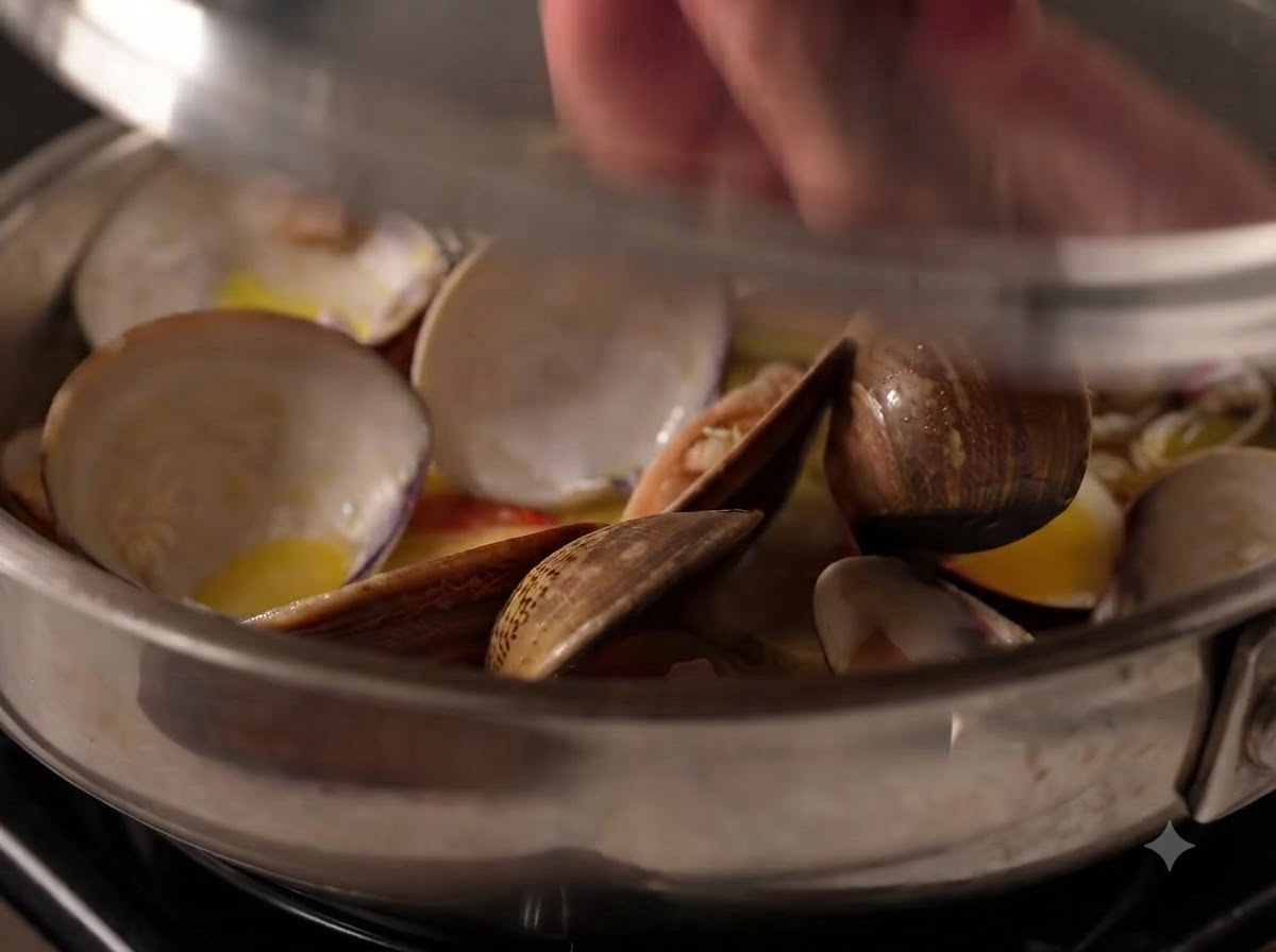 A metal pan covered with a lid while clams steam and open inside.