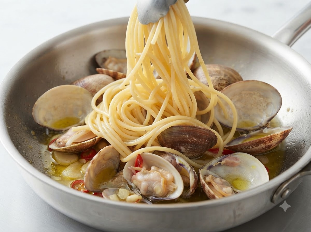A clump of cooked spaghetti being lifted with tongs and placed into a pan containing cooked clams.