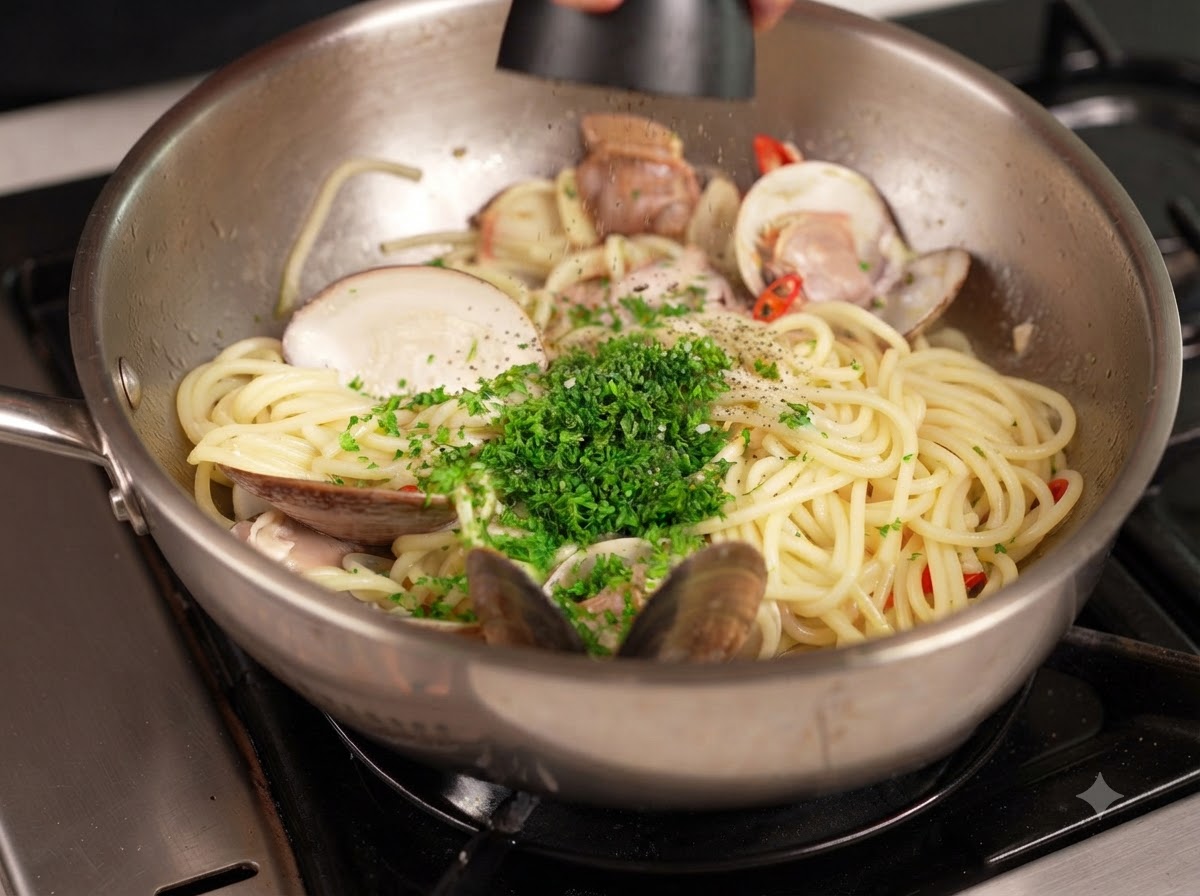 Black pepper being ground from a mill over a pan of pasta and clams topped with chopped green parsley.