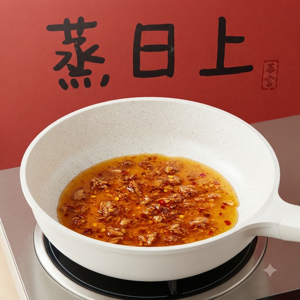 A pan containing liquid sauce and flavor packets on a burner against a red background.