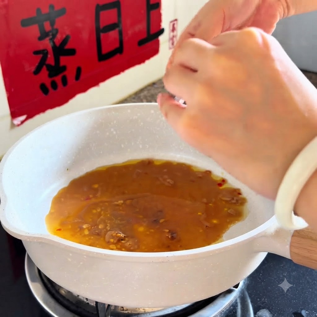 Hands squeezing a sauce packet into a white pan filled with seasoned liquid.